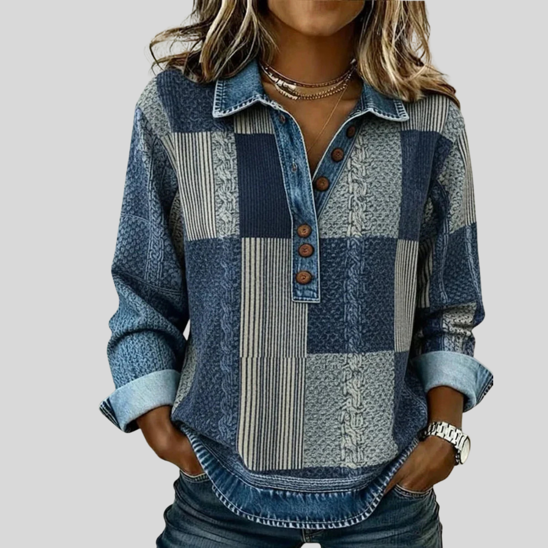 Halina™ | Sweter z nadrukiem patchwork i kołnierzykiem