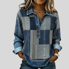 Halina™ | Sweter z nadrukiem patchwork i kołnierzykiem