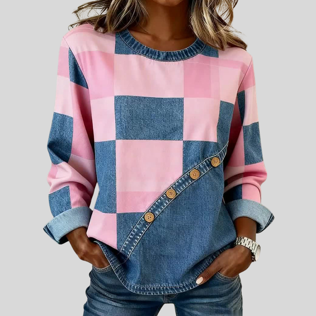 Ewa™ | Bluza z nadrukiem patchwork i jeansowym wykończeniem