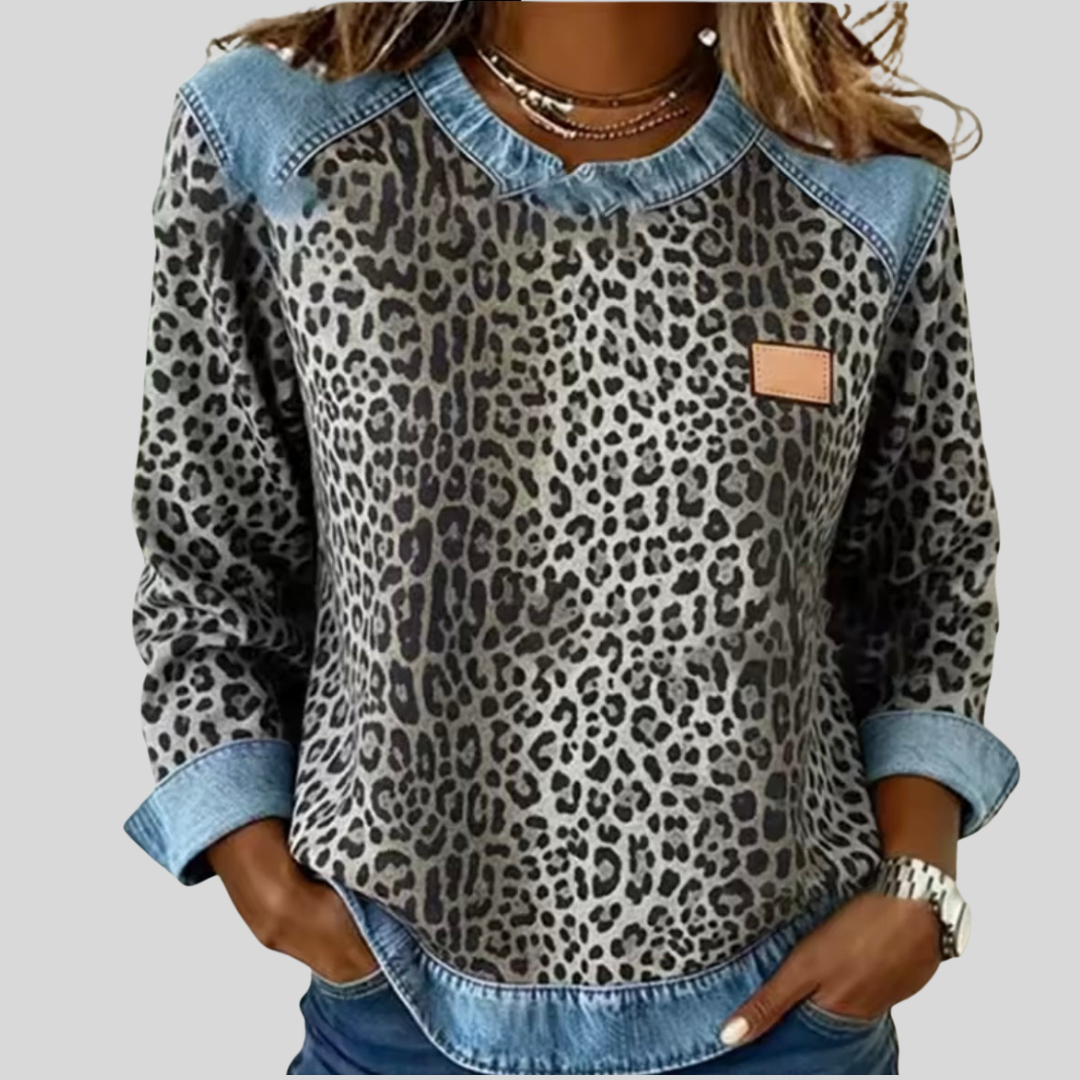Danuta™ | Sweter w panterkę z jeansowymi detalami