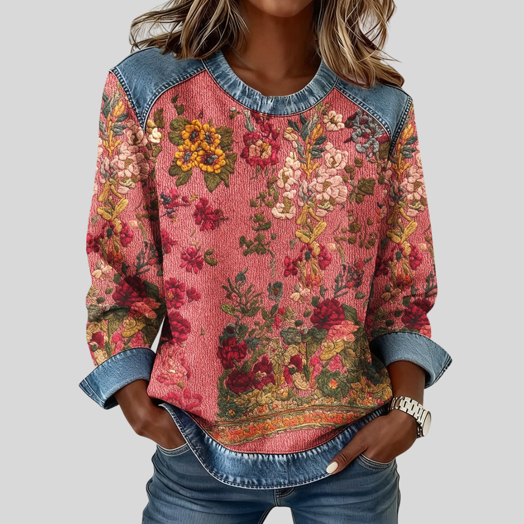 Felicja™ | Bluza w kwiaty z jeansowymi detalami
