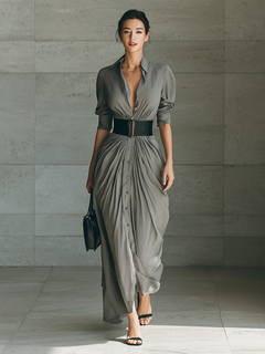 Maryla™ | Plisowana sukienka koszulowa maxi z paskiem