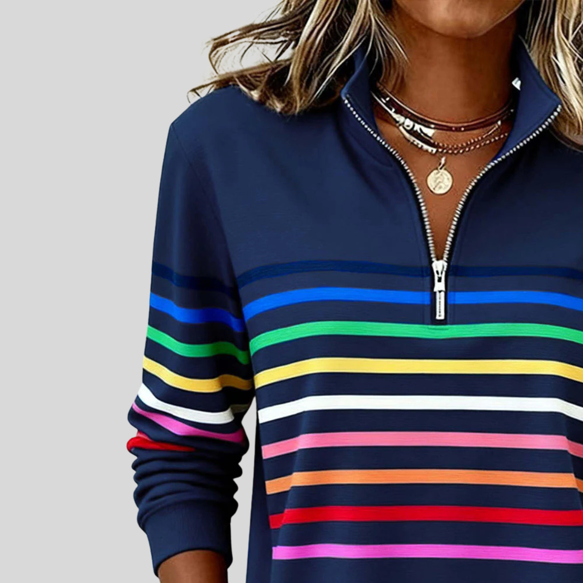 Aniela™ | Bluza z krótkim zamkiem w kolorowe paski