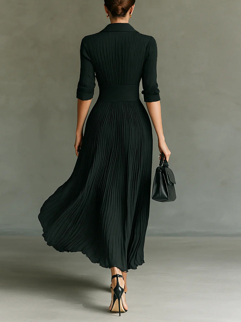 Ernestyna™ | Plisowana sukienka maxi z kołnierzem rever