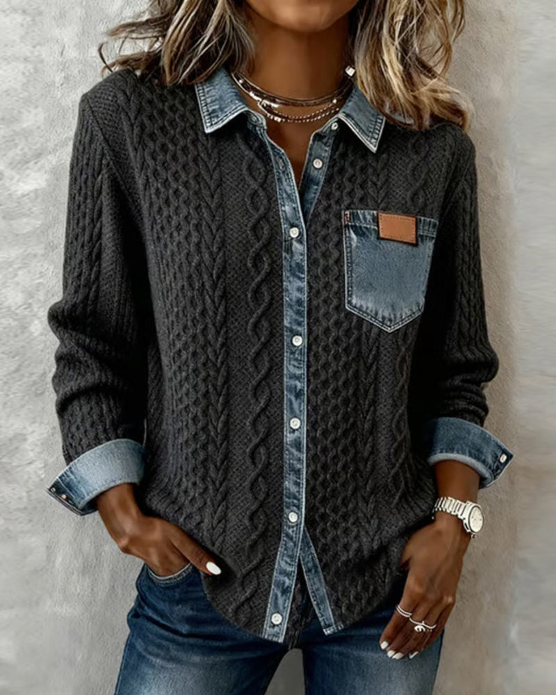 Jolanta™ | Sweter w warkocze z jeansowymi detalami
