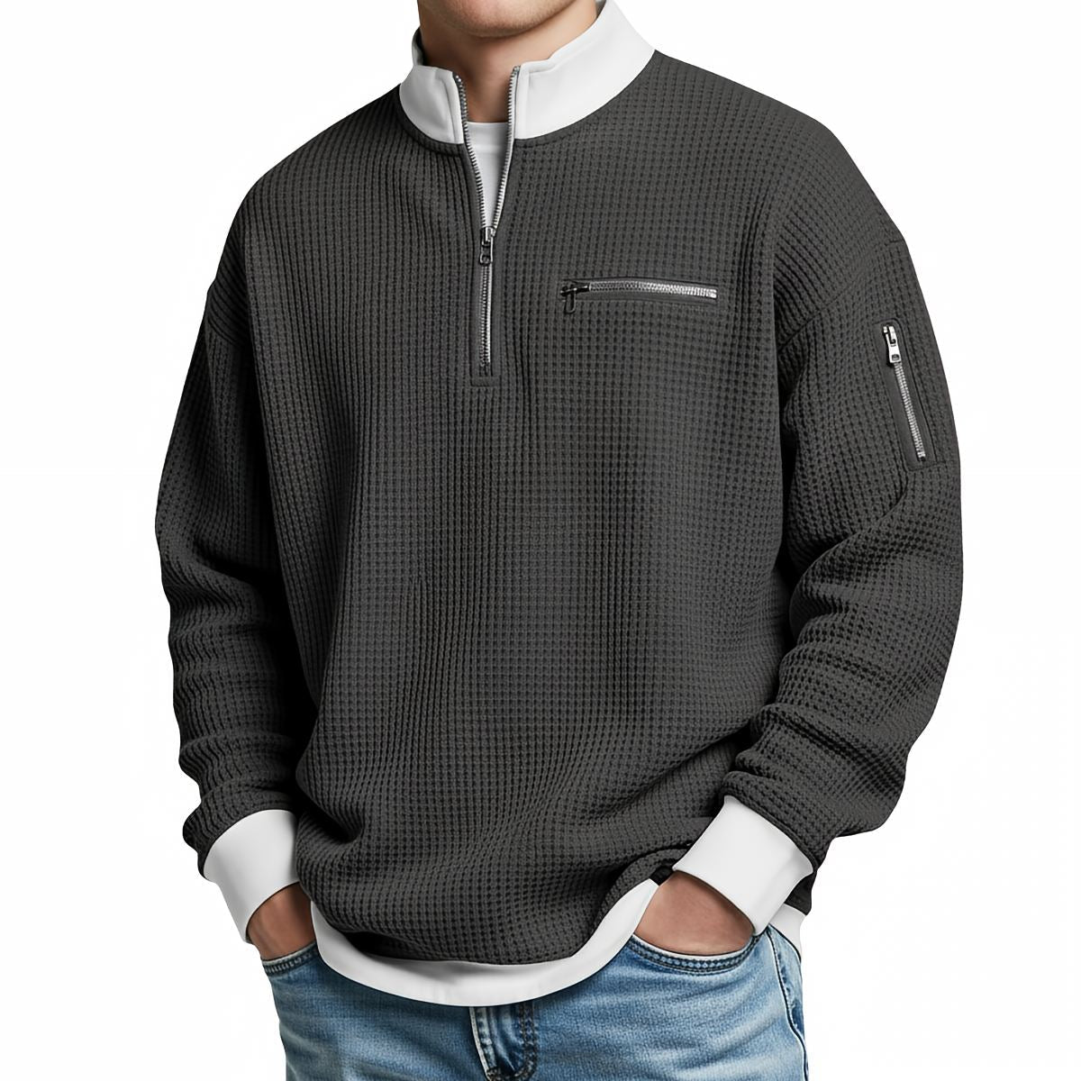 Witold™ | Sweter o strukturze wafla z krótkim zamkiem