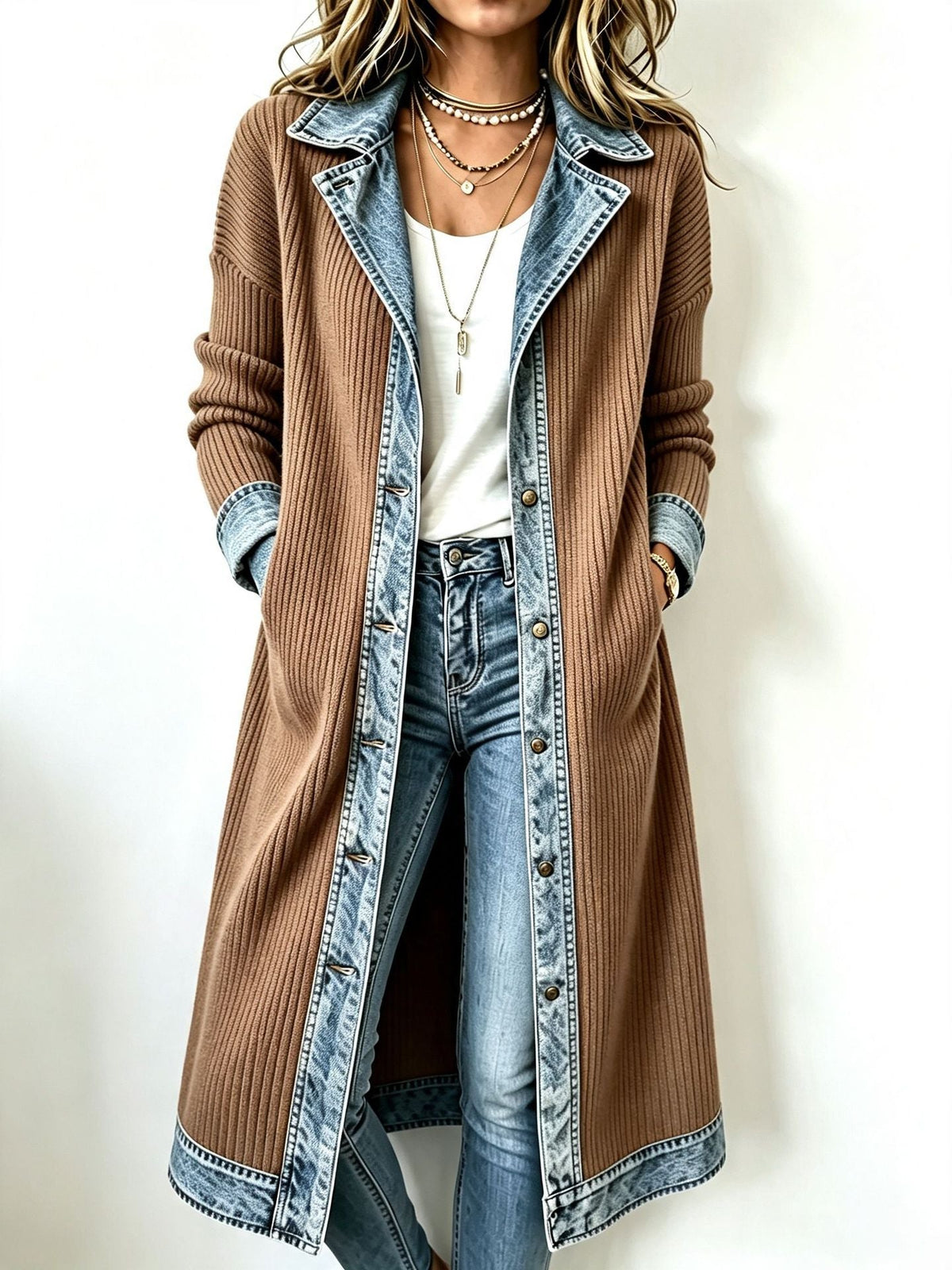 Rita™ | Długi dzianinowy kardigan z jeansowymi detalami