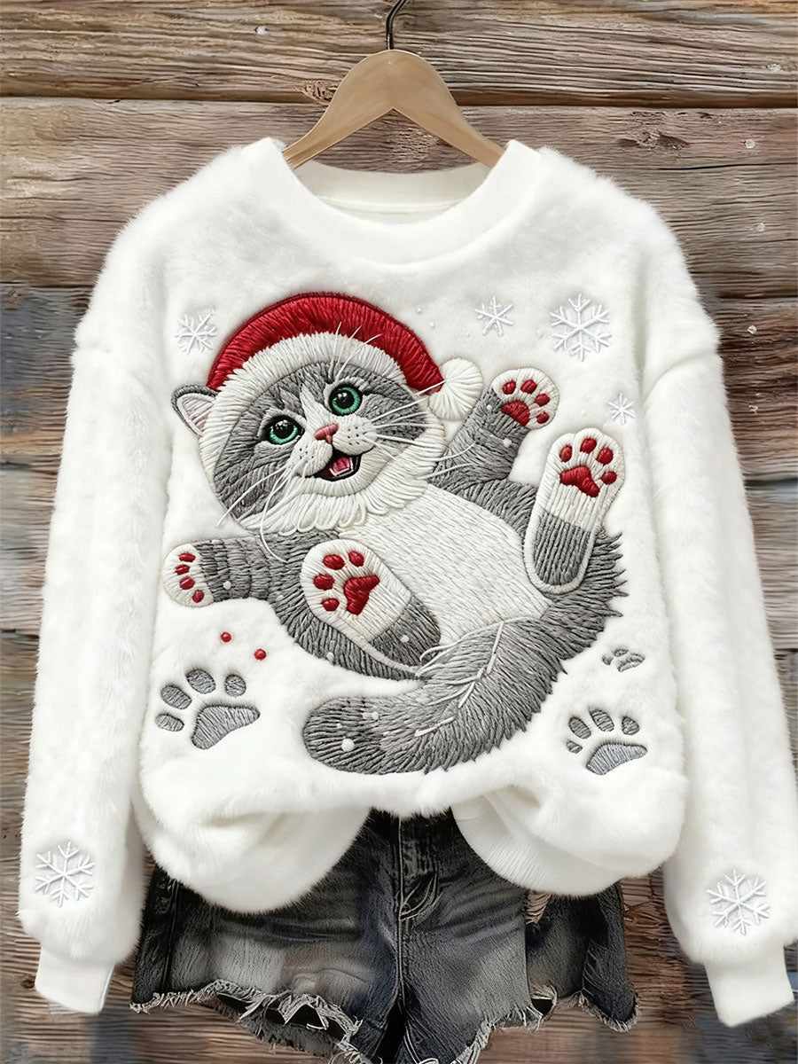 Stanisława™ | Luźny flanelowy sweter świąteczny z kotem